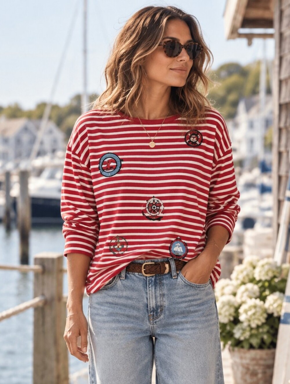 Vintage 90s Nautical Knit Top Karen Scott Red White Striped Patch Embroidered S